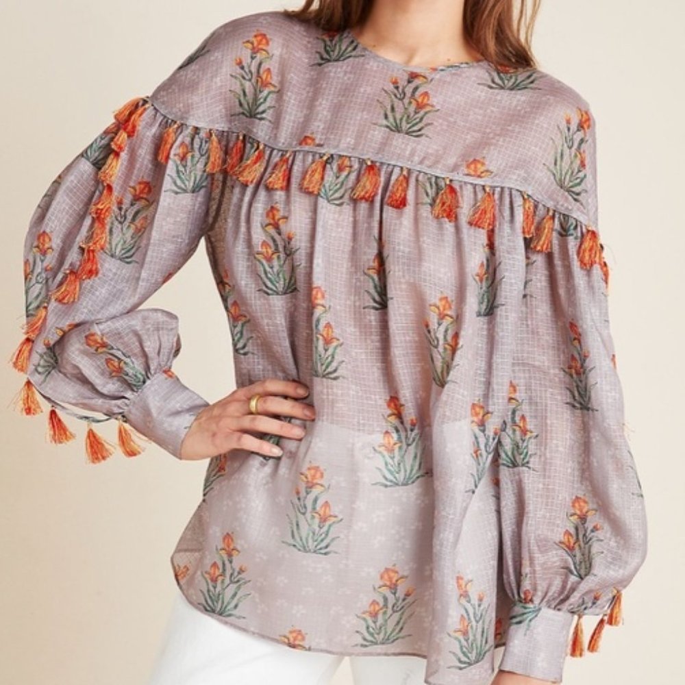 Boho Floral Tassel Peasant Blouse - Lavender with Orange Accents